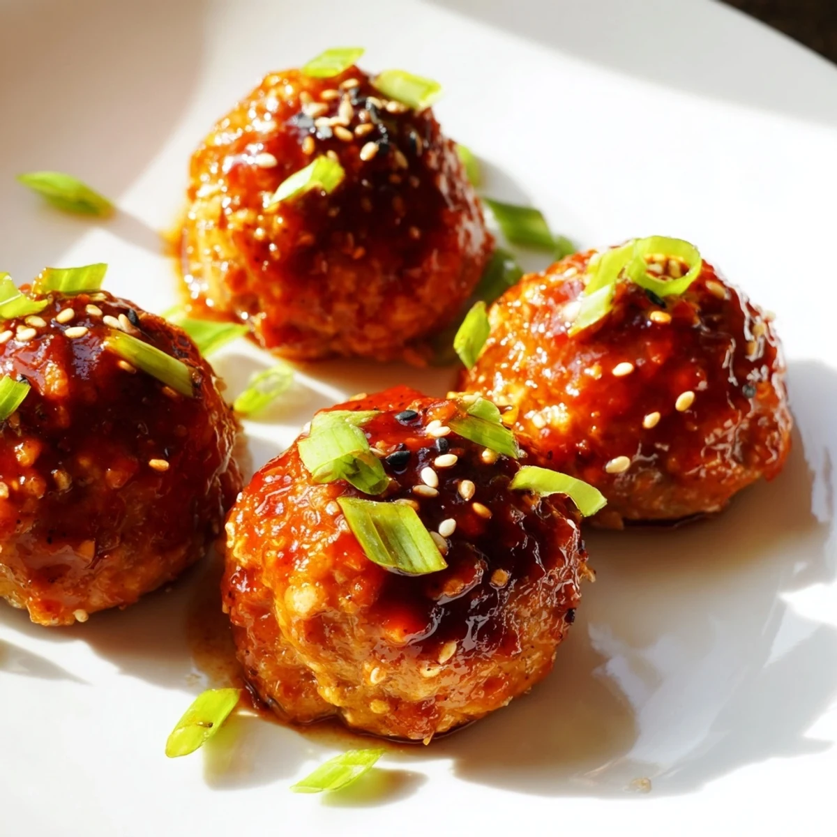 Close-up of baked Sriracha meatballs, sweet and savory, an Asian-inspired appetizer or main course.