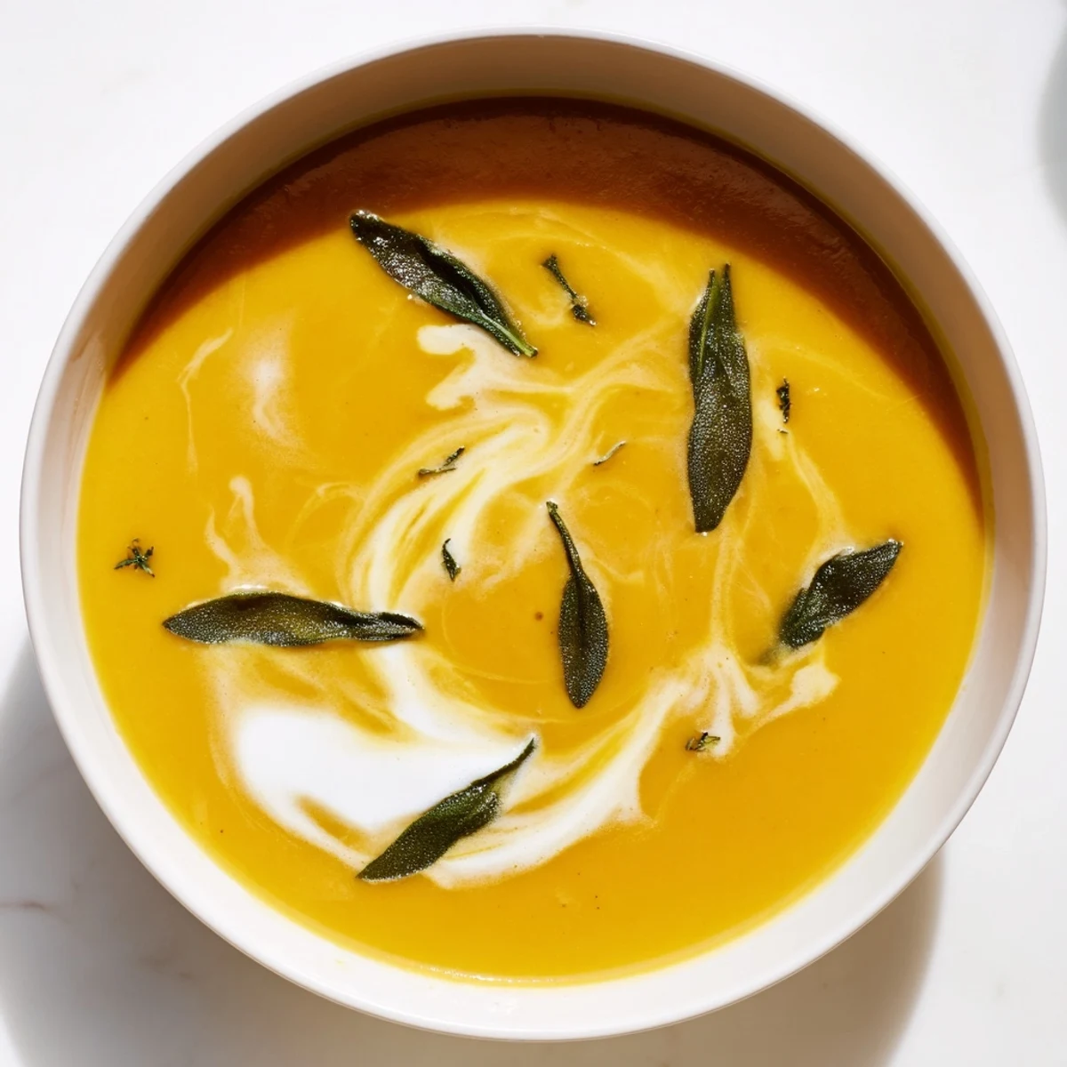 A vibrant photo of smooth Sage Squash Soup, garnished with fresh sage leaves and swirl of cream.