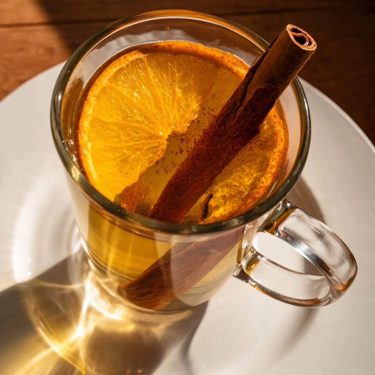 Garnished orange slices float within a pot of simmering spiced cider, a comforting fall beverage.