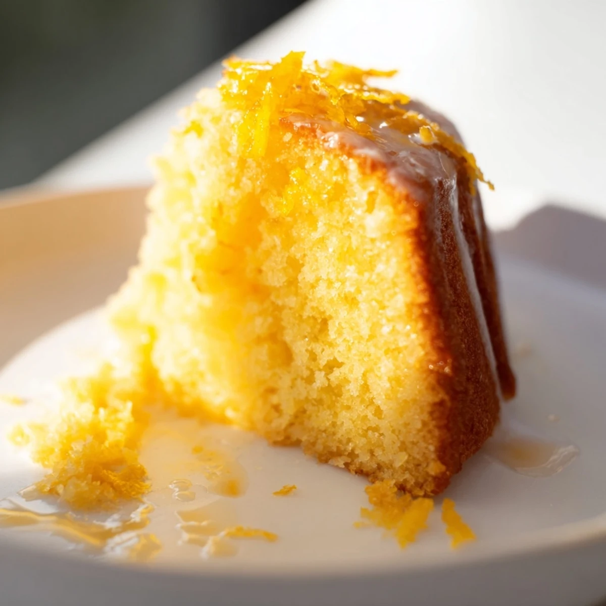 A slice of moist orange cake with a vibrant glaze, perfect for dessert.