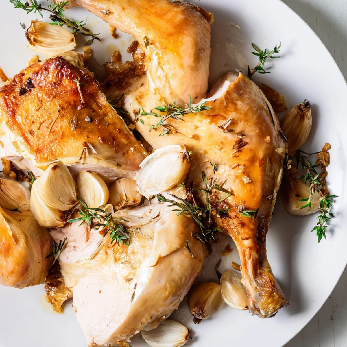 Golden-brown Garlic Roasted Chicken, tender and juicy, ready to be served with aromatic herbs.