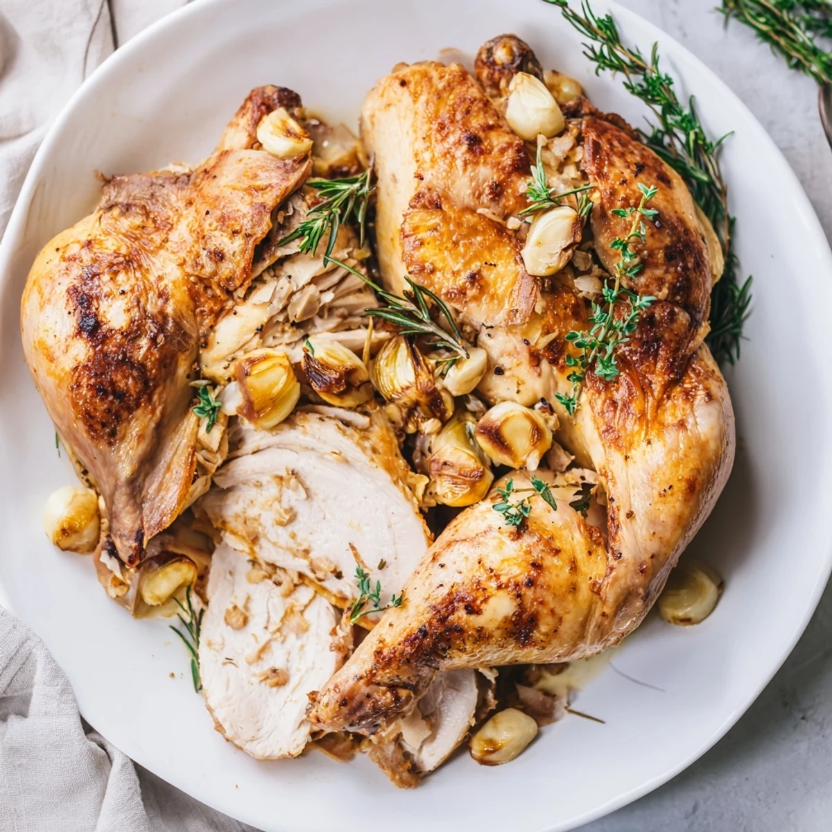 Aromatic Garlic Roasted Chicken with crispy skin and a flavorful garlic and herb infused interior.