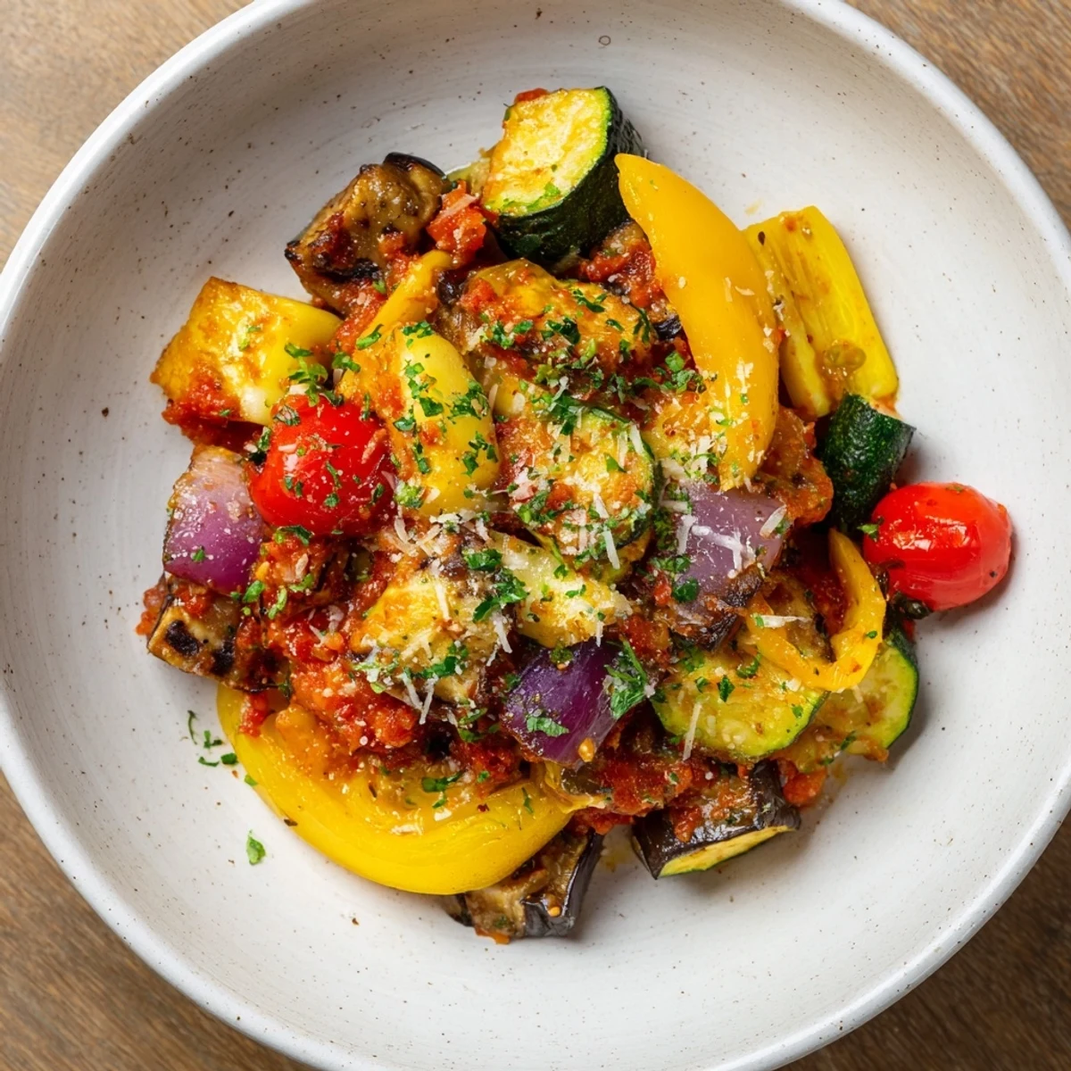 A vibrant Vegetable Baked dish showcases perfectly roasted colorful vegetables in a rich tomato sauce.