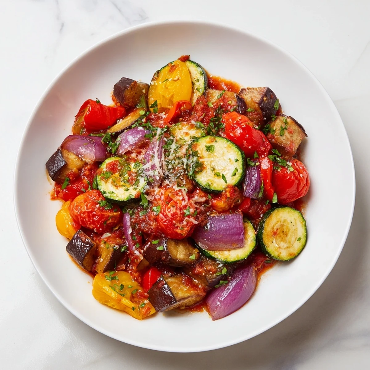 Golden, tender Vegetable Baked, featuring summer vegetables, ready to be served with crusty bread and olives.