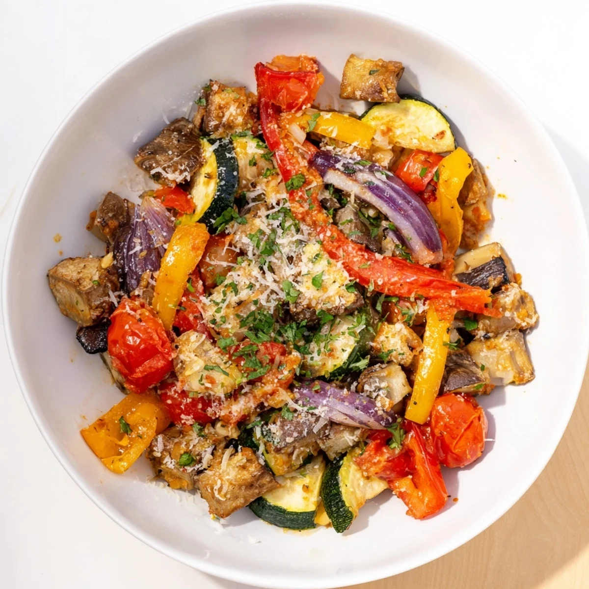 Mediterranean Vegetable Baked, a rustic dish highlighting the tender textures and savory flavors of roasted seasonal flavors.