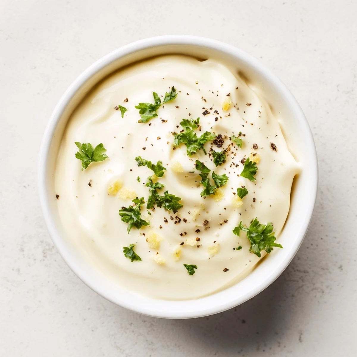 Freshly made mayo garlic, a vibrant sauce with minced garlic blending perfectly.