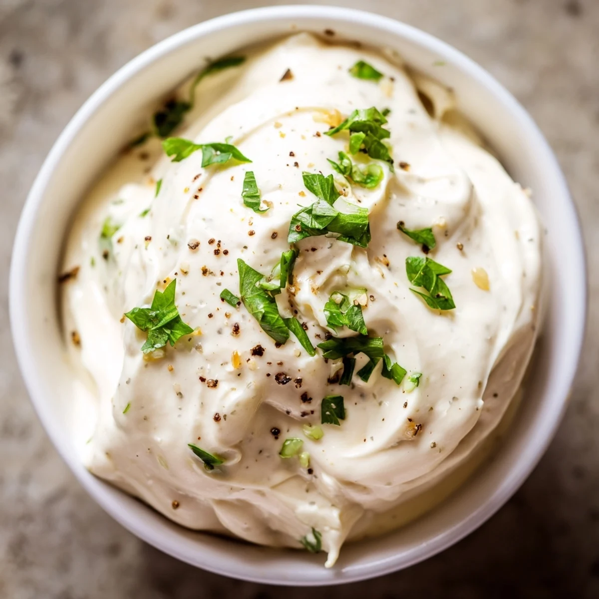 Creamy mayo garlic dip flecked with parsley, perfect for dipping fries or adding zest.