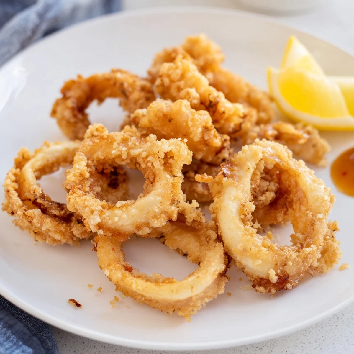 Golden, crispy fried Squid Crispy rings, ready to serve with tangy dipping sauce, a tasty appetizer.