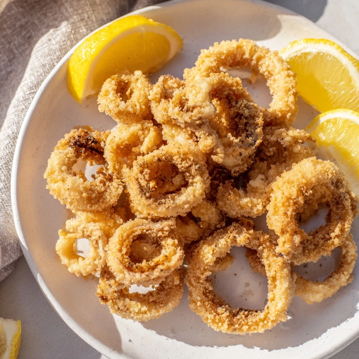 Freshly fried Squid Crispy, a delicious Asian-inspired recipe, plated among lemon wedges and dipping sauces.