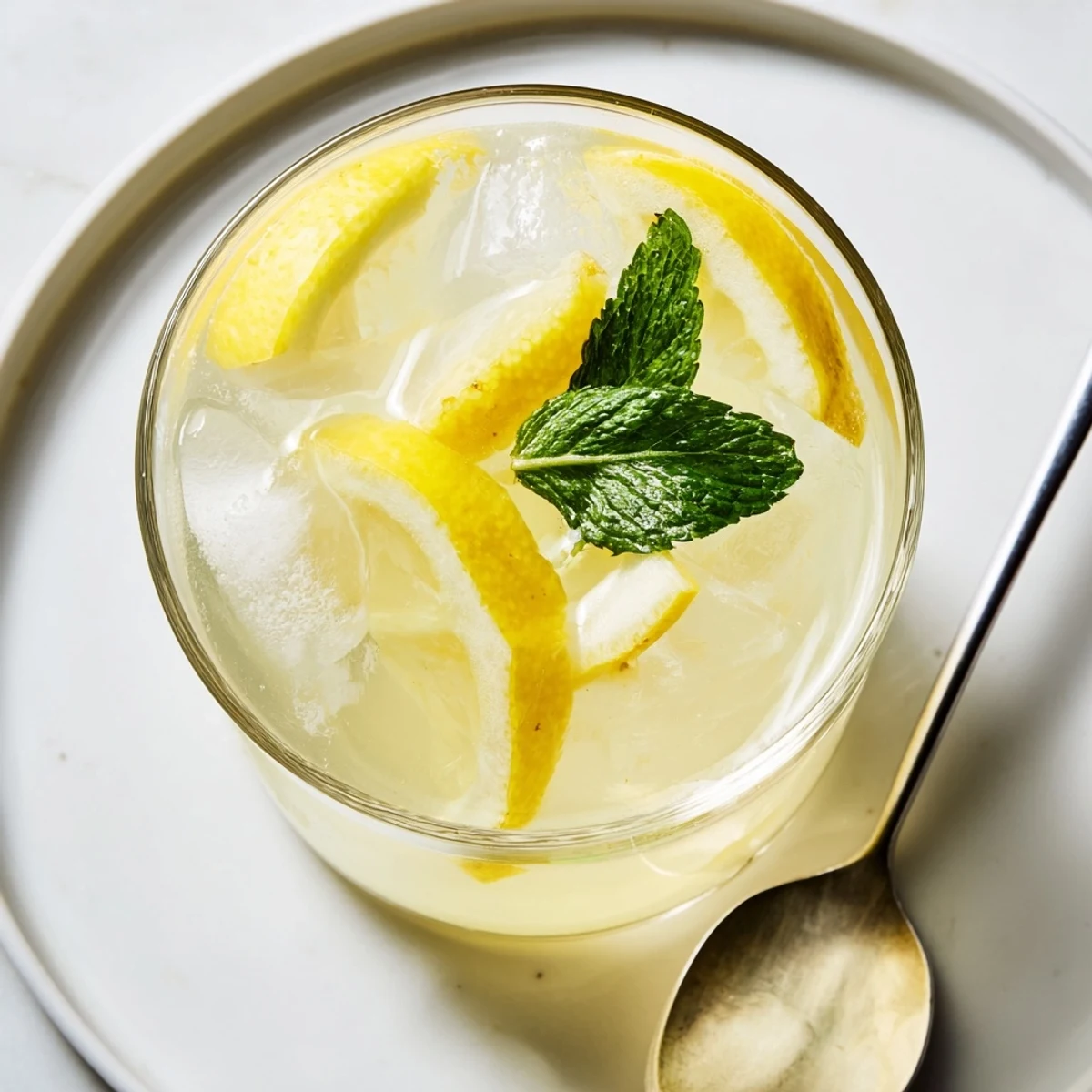 A tall, refreshing glass of homemade lemonade, garnished with bright lemon slices and mint.