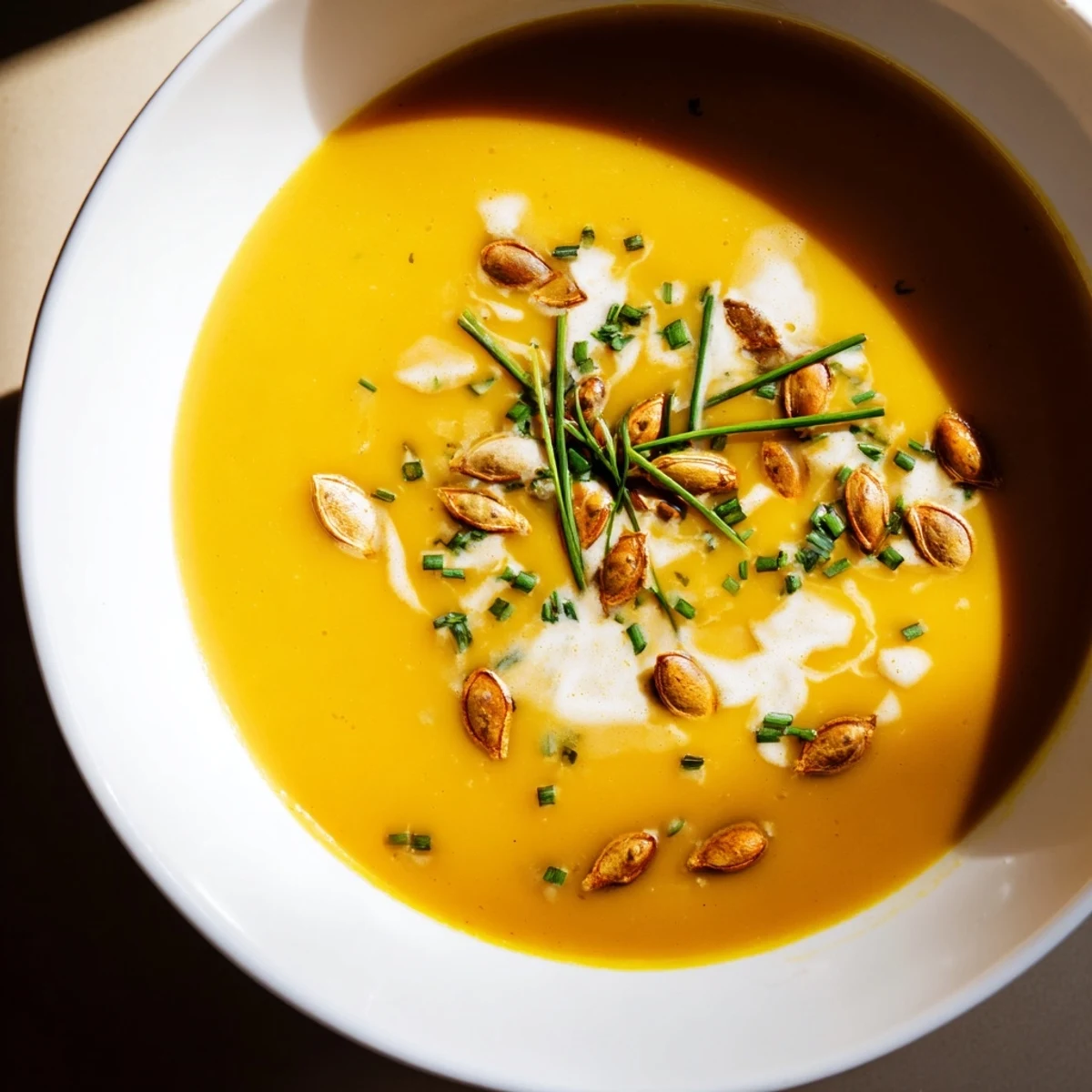 A vibrant bowl of creamy pumpkin soup, garnished with fresh chives and roasted seeds.