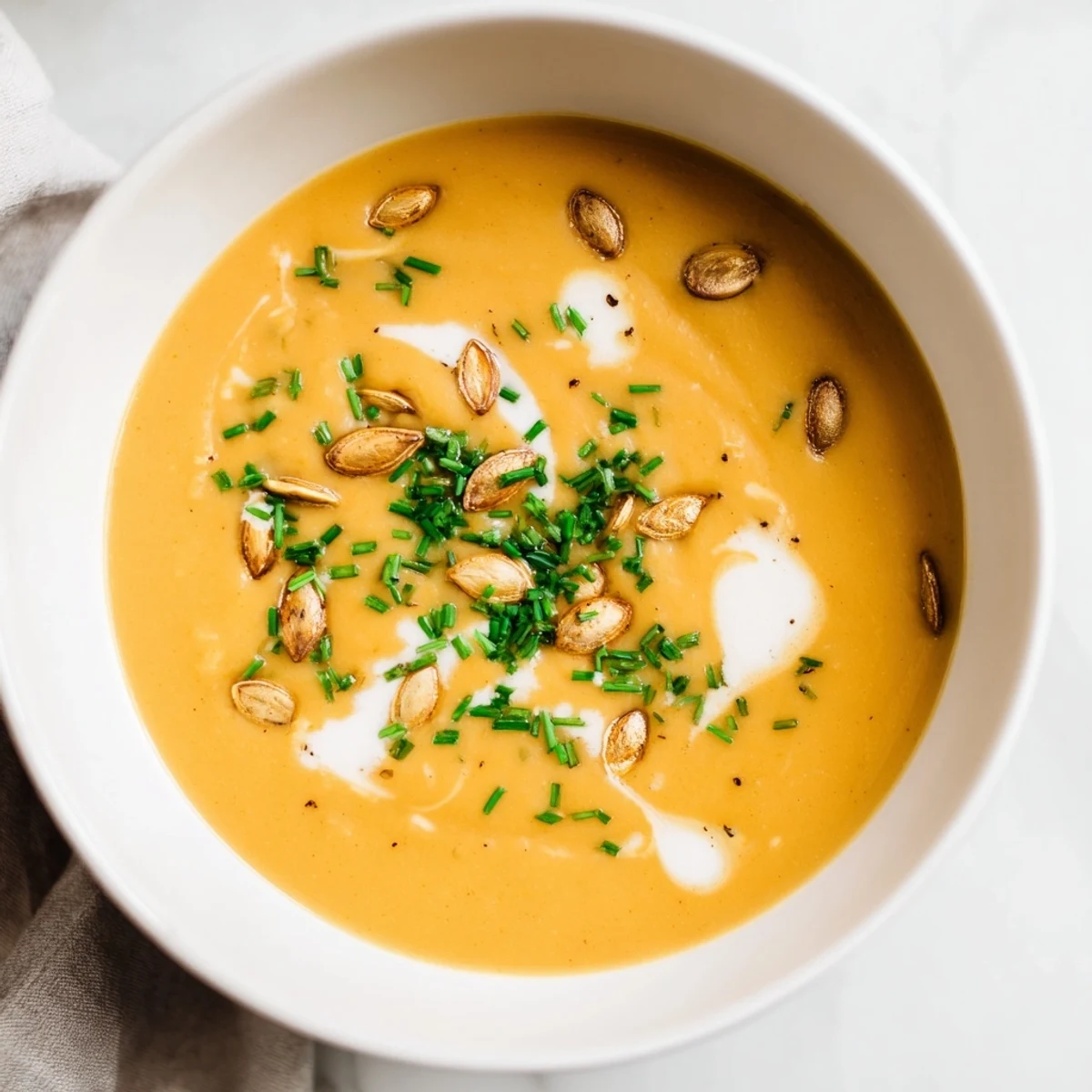 Golden, velvety creamy pumpkin soup served with a swirl of cream, inviting you to enjoy its flavors.