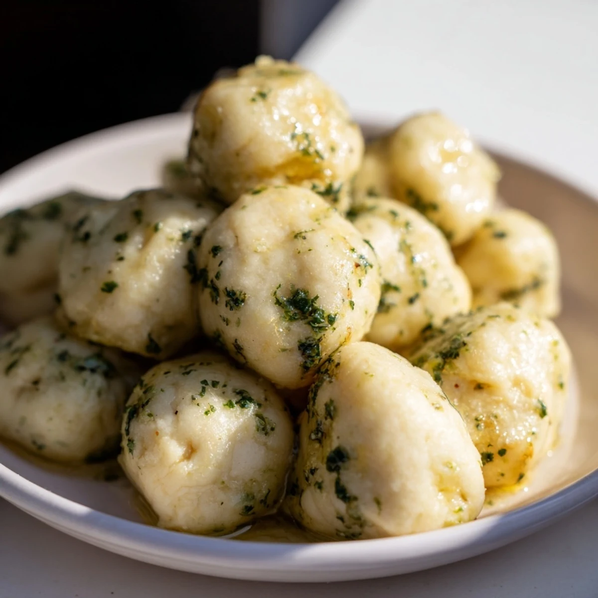 Golden-brown garlic and herb dough balls, freshly baked and glistening with herbed butter, ready to eat.