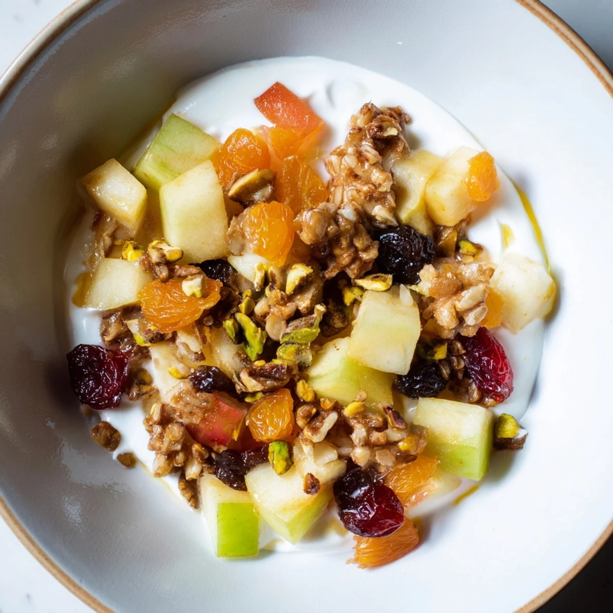 Warm winter fruit compote, simmered with spices, served atop creamy Greek yogurt, ready to enjoy.