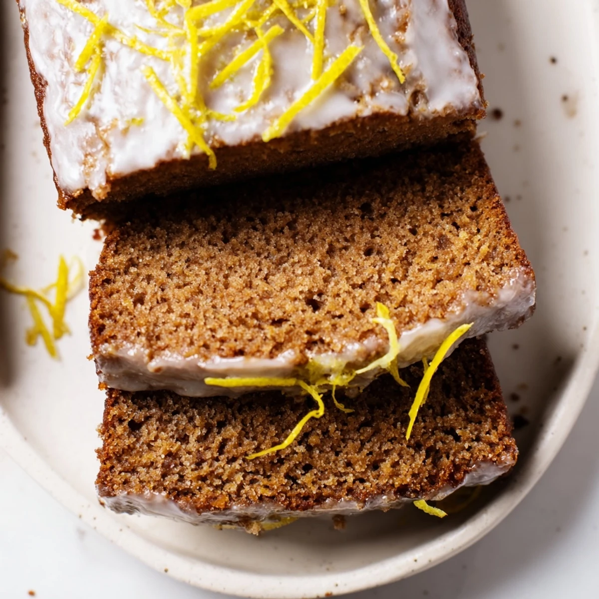 Warm gingerbread loaf with lemon icing, drizzled over a freshly baked dessert.
