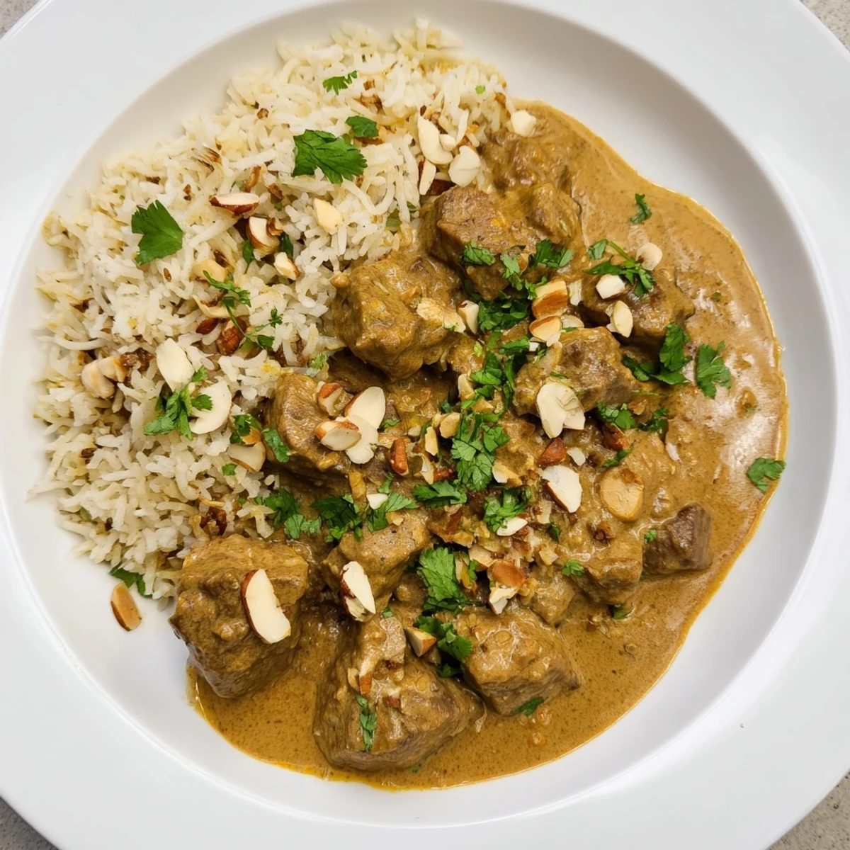 Fragrant Lamb Korma with creamy sauce served over fluffy pilau rice, ready to enjoy.