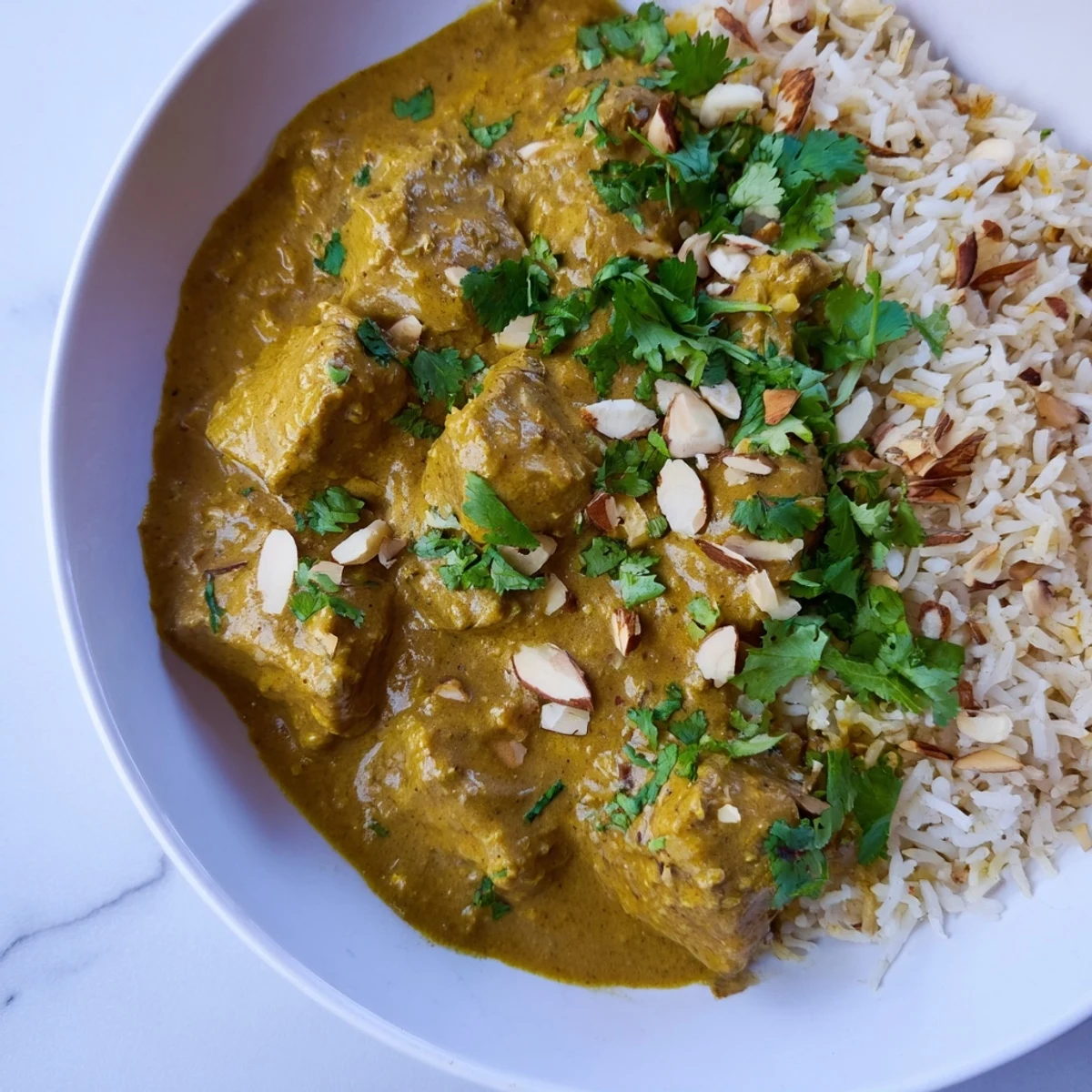 Tender lamb in a spiced, creamy Lamb Korma, ladled over a bed of aromatic pilau rice.