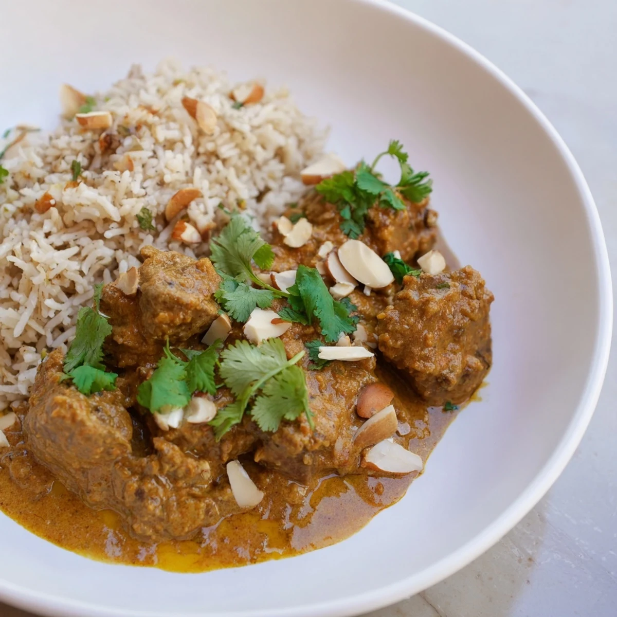 A delicious bowl of creamy Lamb Korma, garnished with almonds, next to fluffy rice.