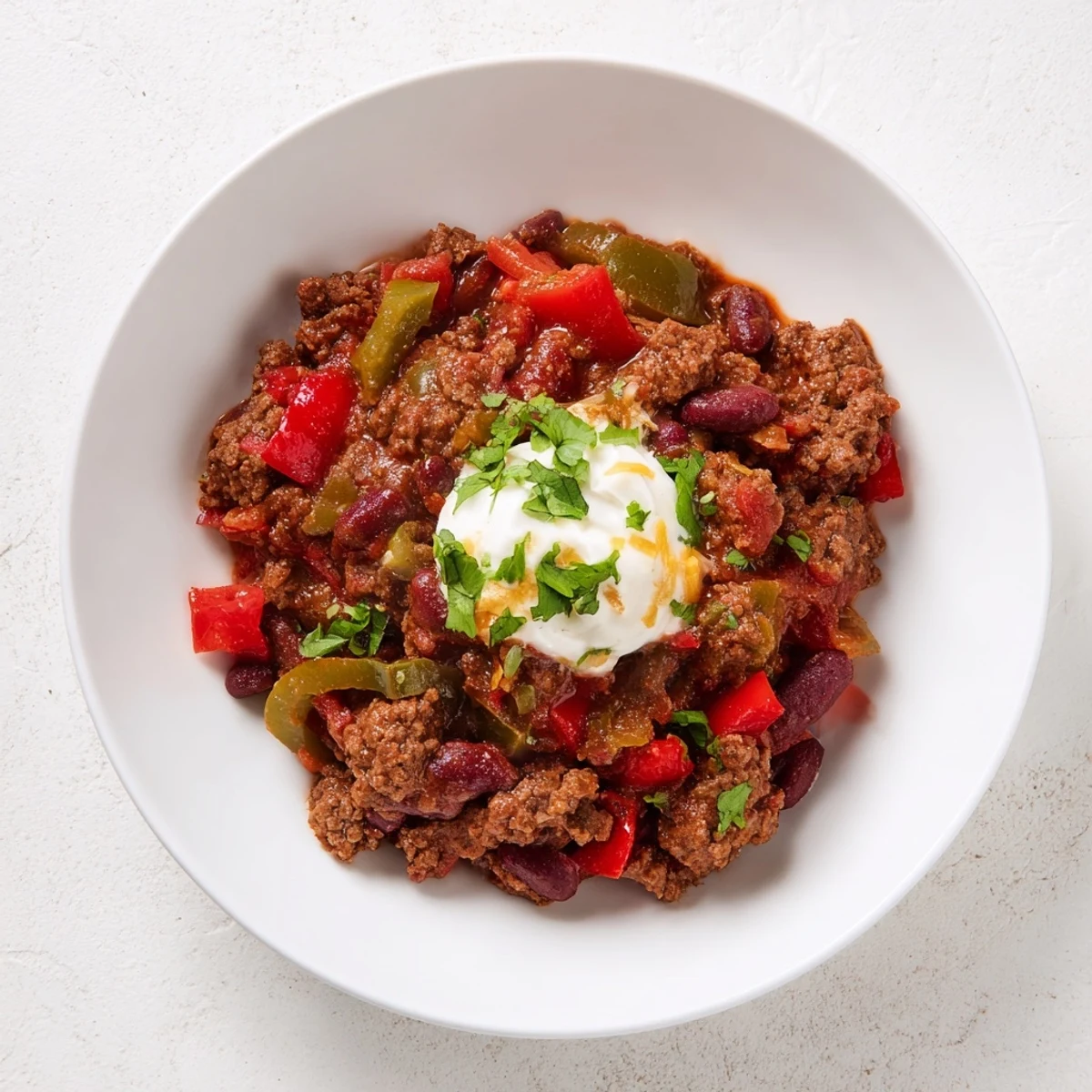 Close-up of a flavorful Beef Chilli with Kidney Beans, offering a taste of comforting spice.