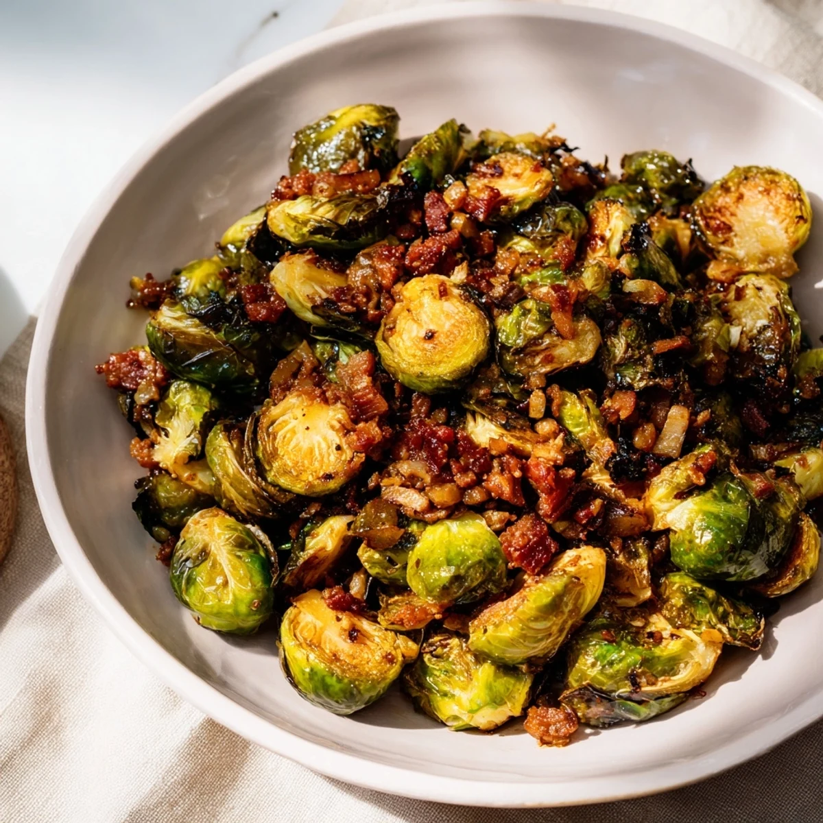 Golden, crispy roasted Brussels sprouts with beef bacon, glistening with balsamic glaze.
