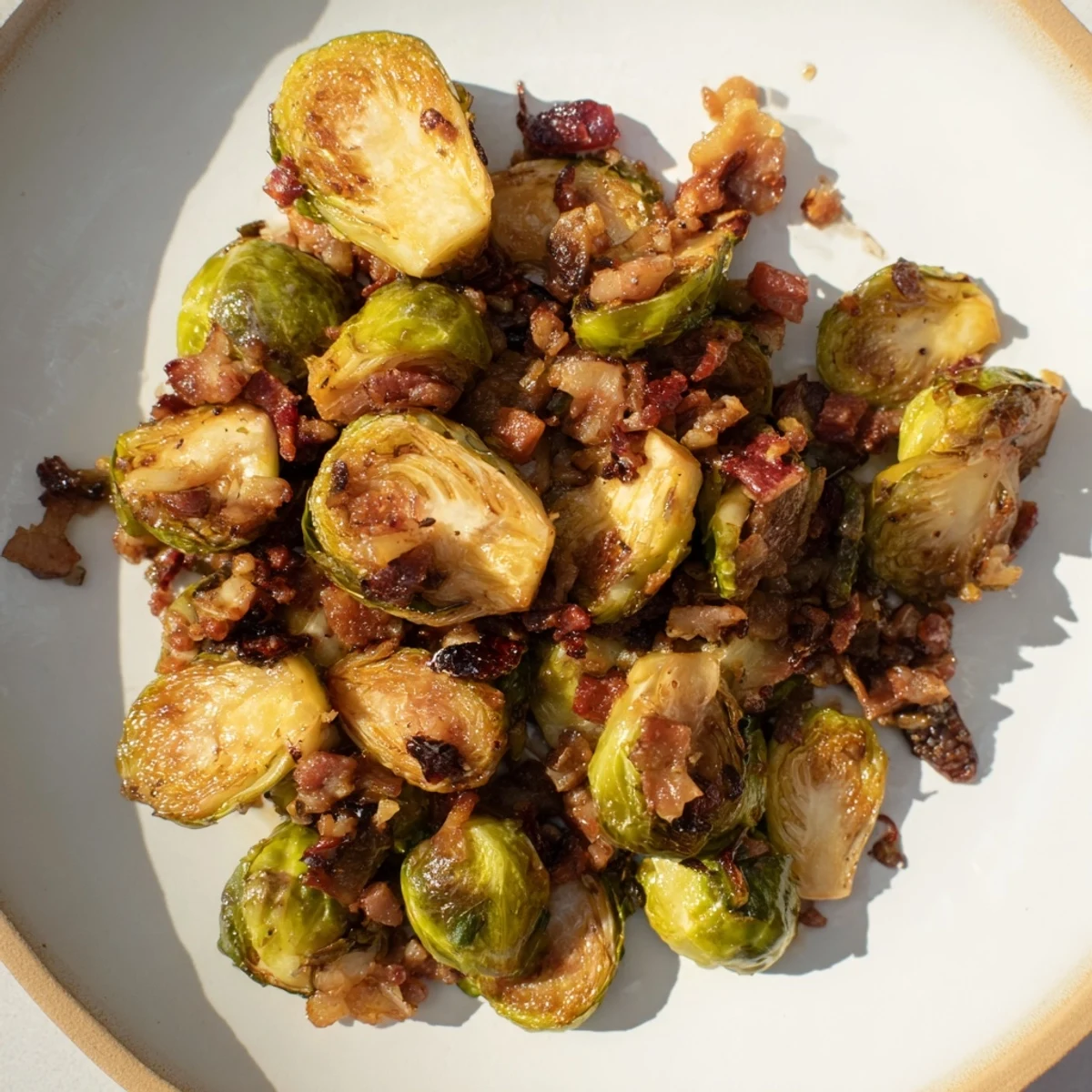 Close-up image of the delicious roasted Brussels sprouts and beef bacon, ready to serve.