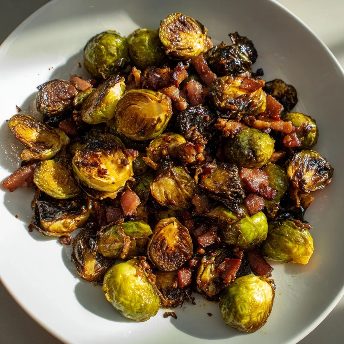 Savory roasted Brussels sprouts recipe, perfectly cooked with salty beef bacon, ideal side dish.