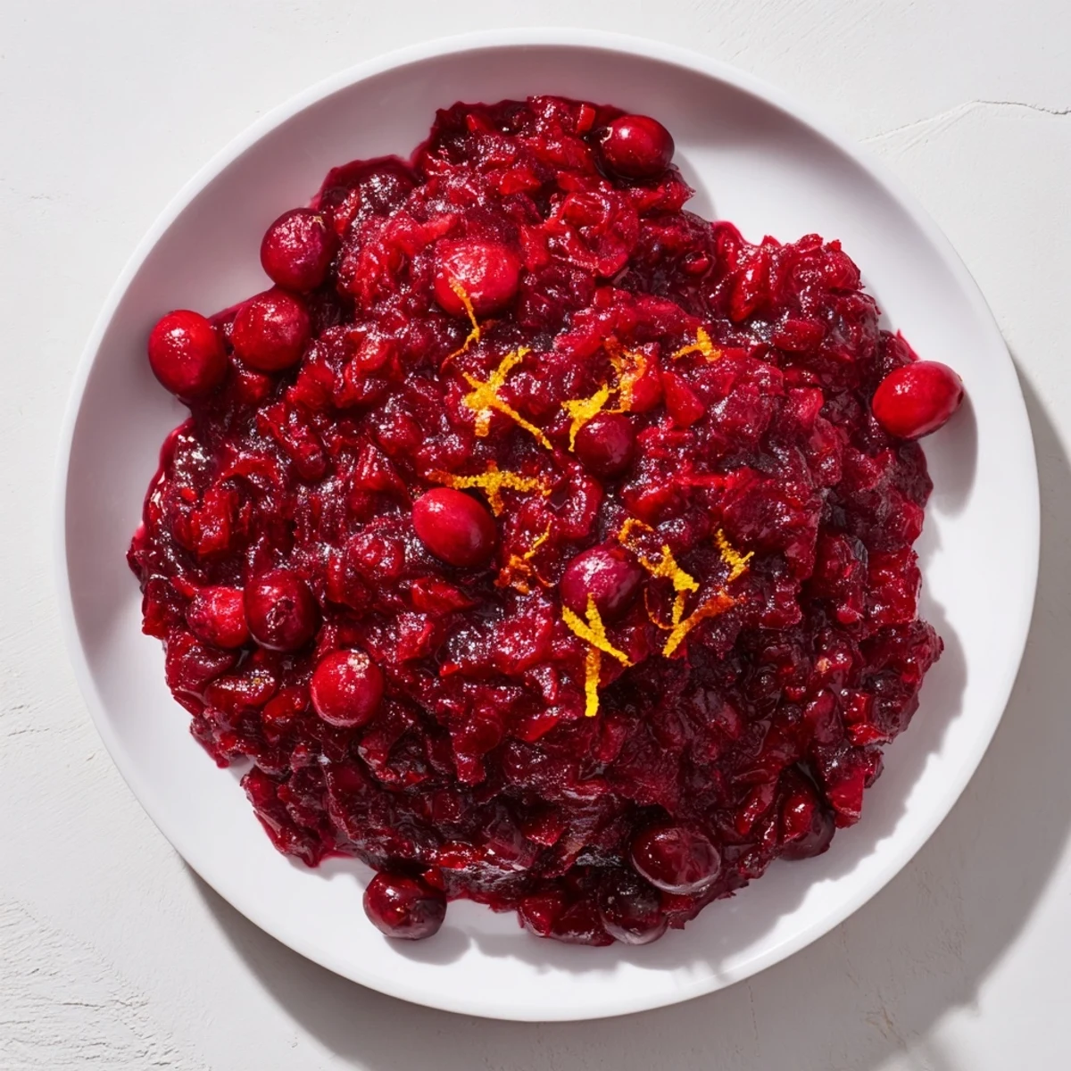 Vibrant Cranberry Compote simmering in a saucepan, filled with spices and fresh orange zest.