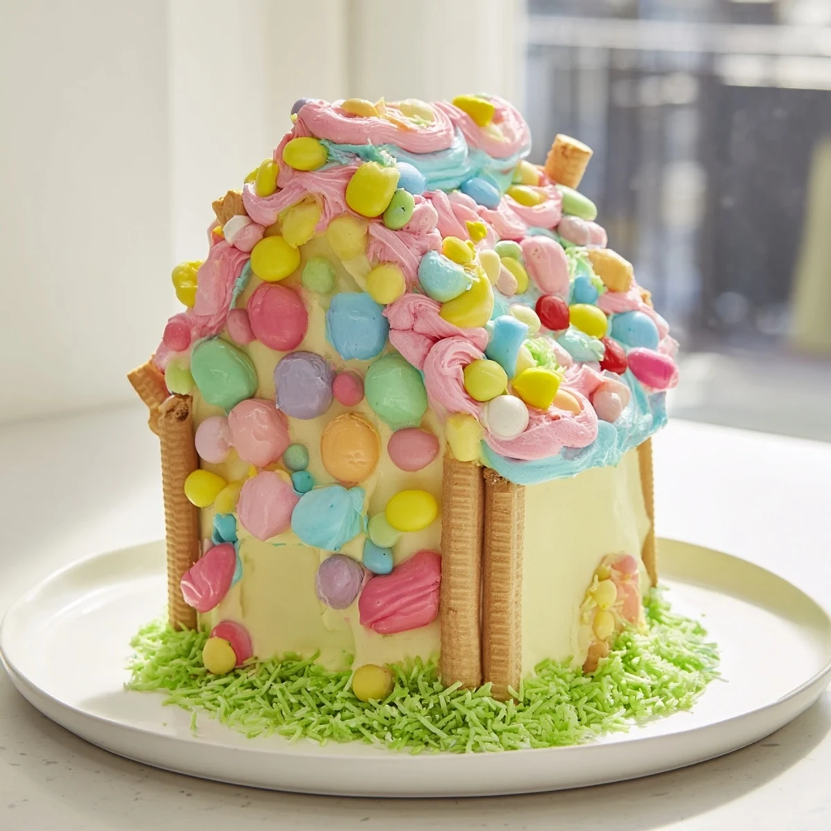 Decor House cake, wonderfully shaped, with colorful buttercream frosting and candy house details.