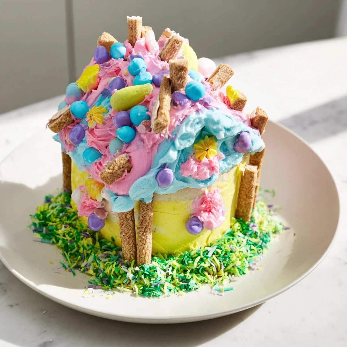 This Decor House cake features bright frosting and candy accents, perfect for a kids' party dessert.