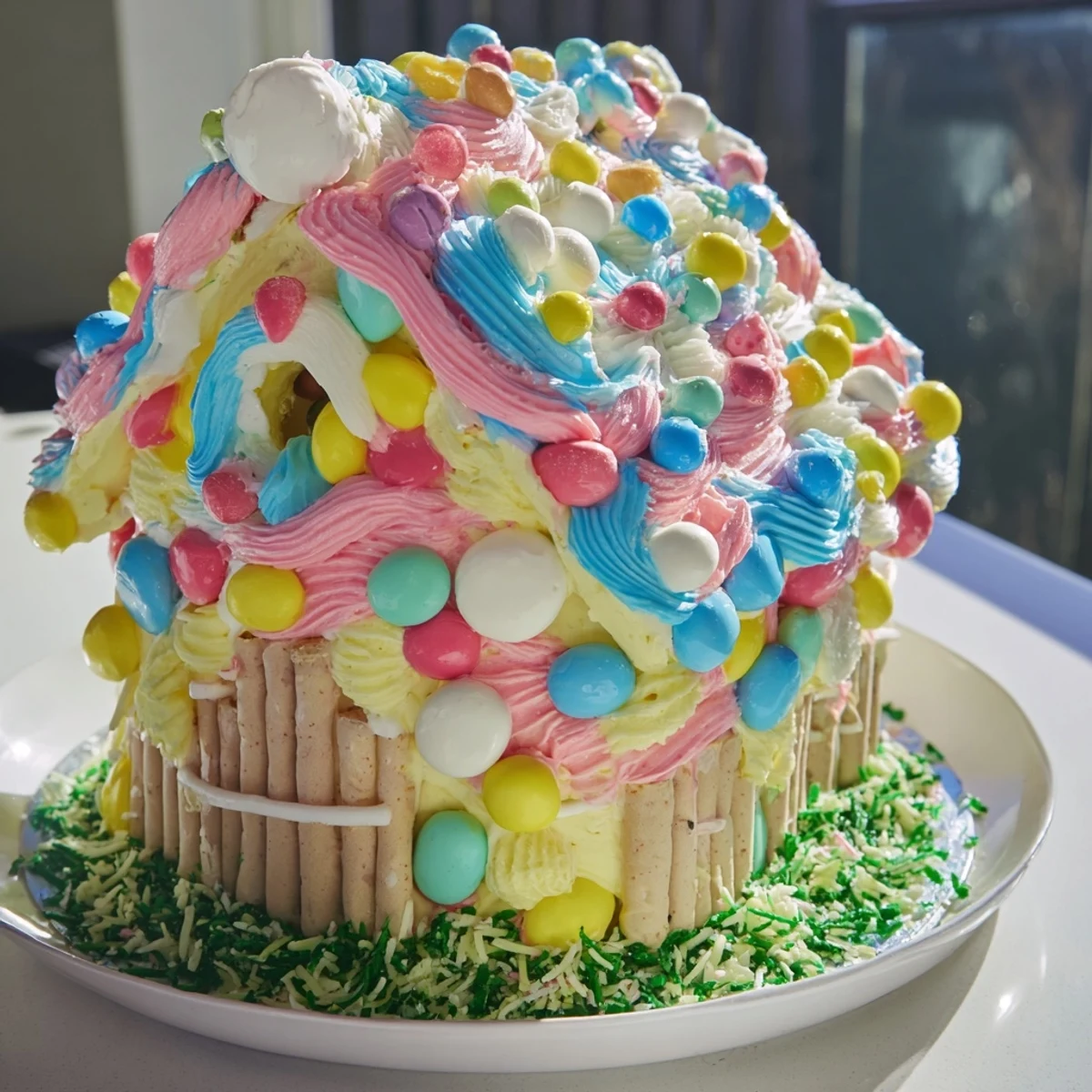 Freshly baked vanilla, decorated in a whimsical house shape, the Decor House cake looks delicious.