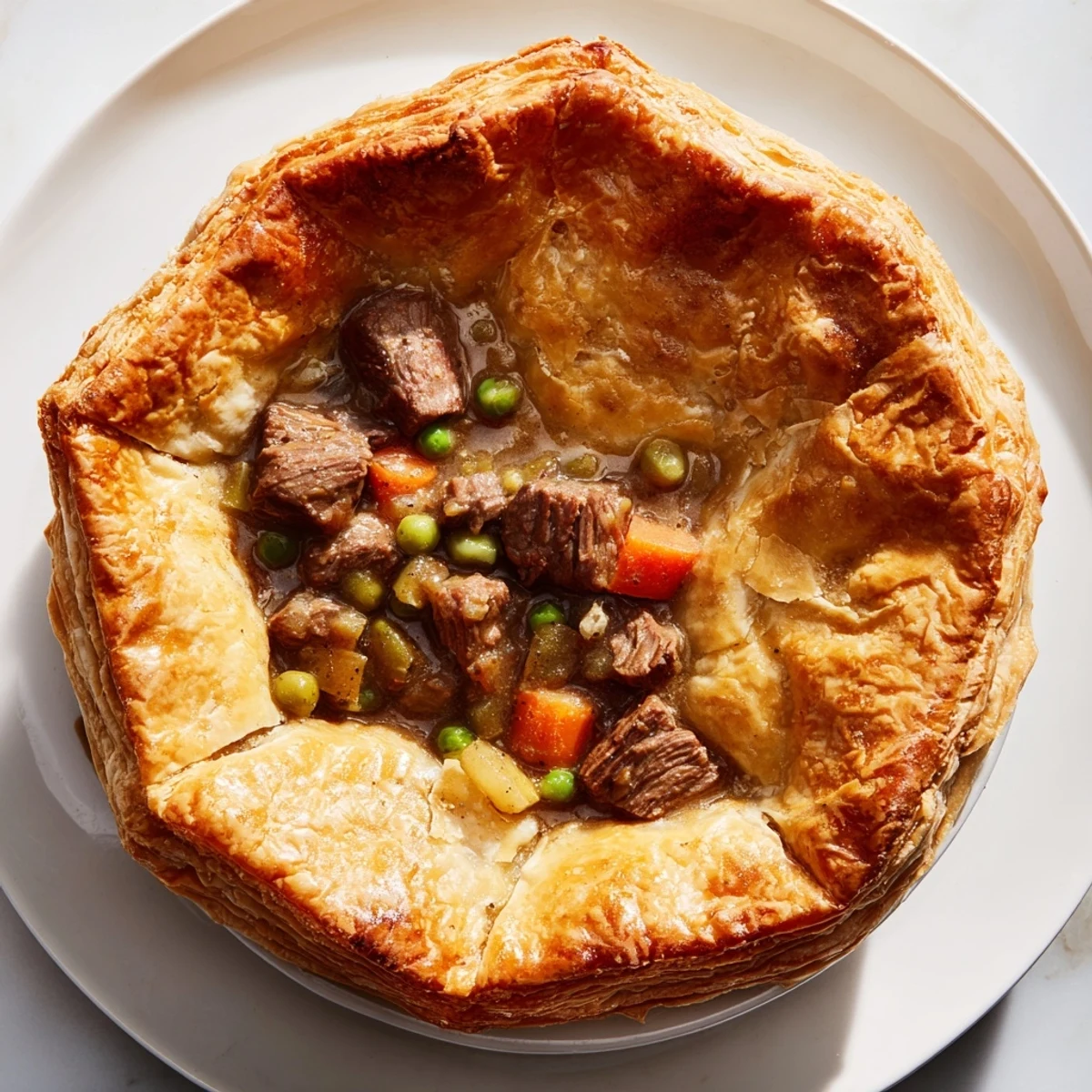 This Beef Pie shows a close-up of the crust, baked to a rich, golden-brown perfection.