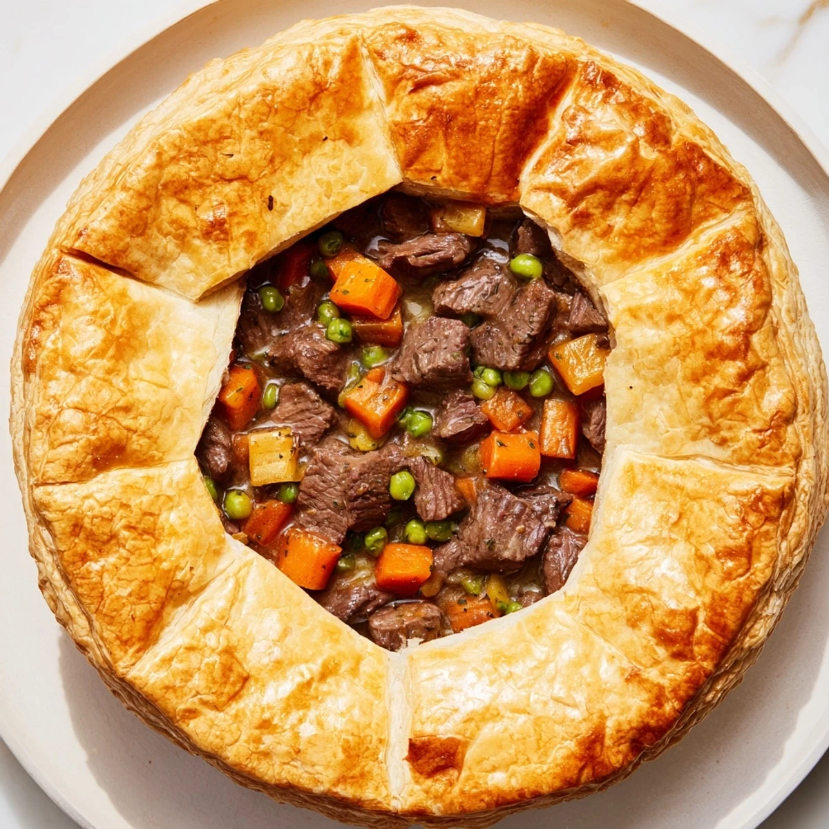 Golden, flaky crust encases a steaming Beef Pie, filled with savory beef and vegetables.