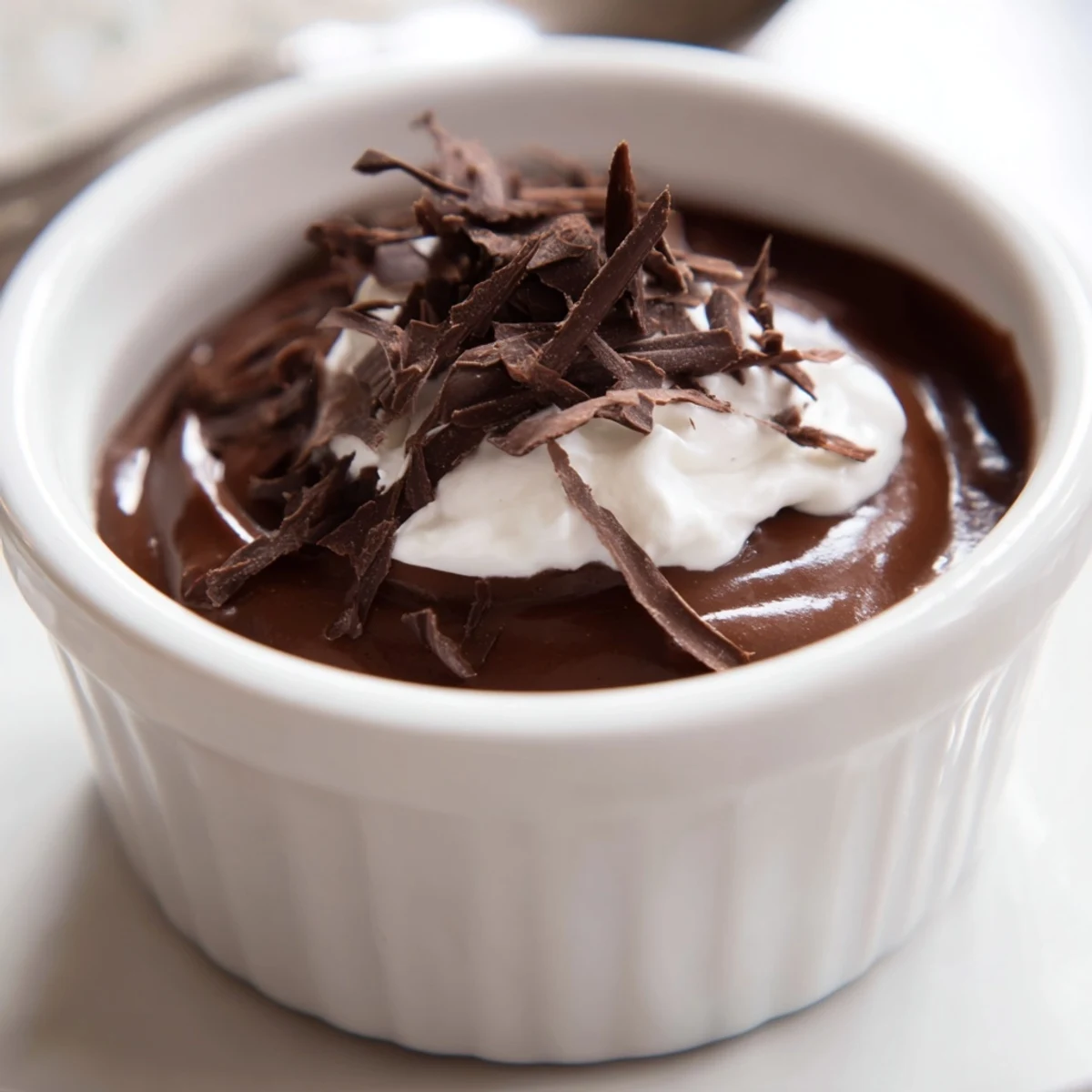 A smooth, creamy dark chocolate pudding served, garnished with whipped cream, ideal sharing treat.