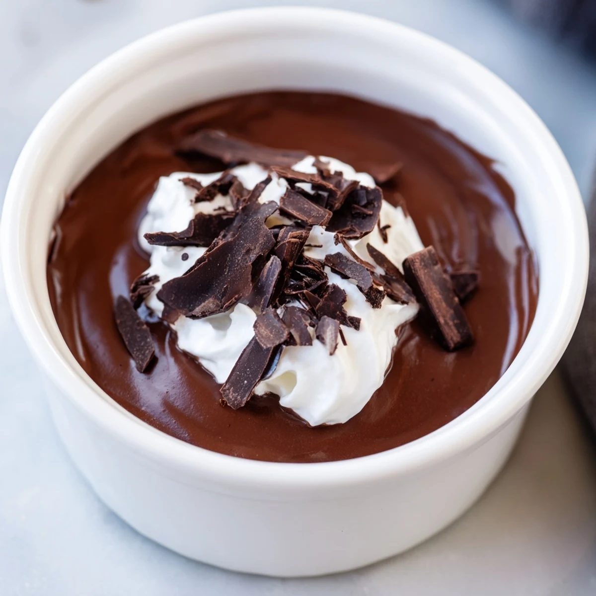 Decadent dark chocolate pudding, swirling with rich chocolate, ready for delightful dessert enjoyment.