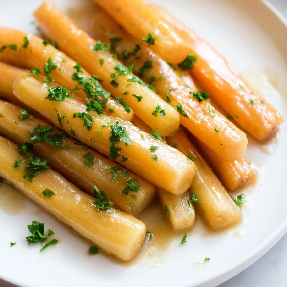 Batons of tender glazed parsnips, beautifully caramelized and ready to serve with a garnish.