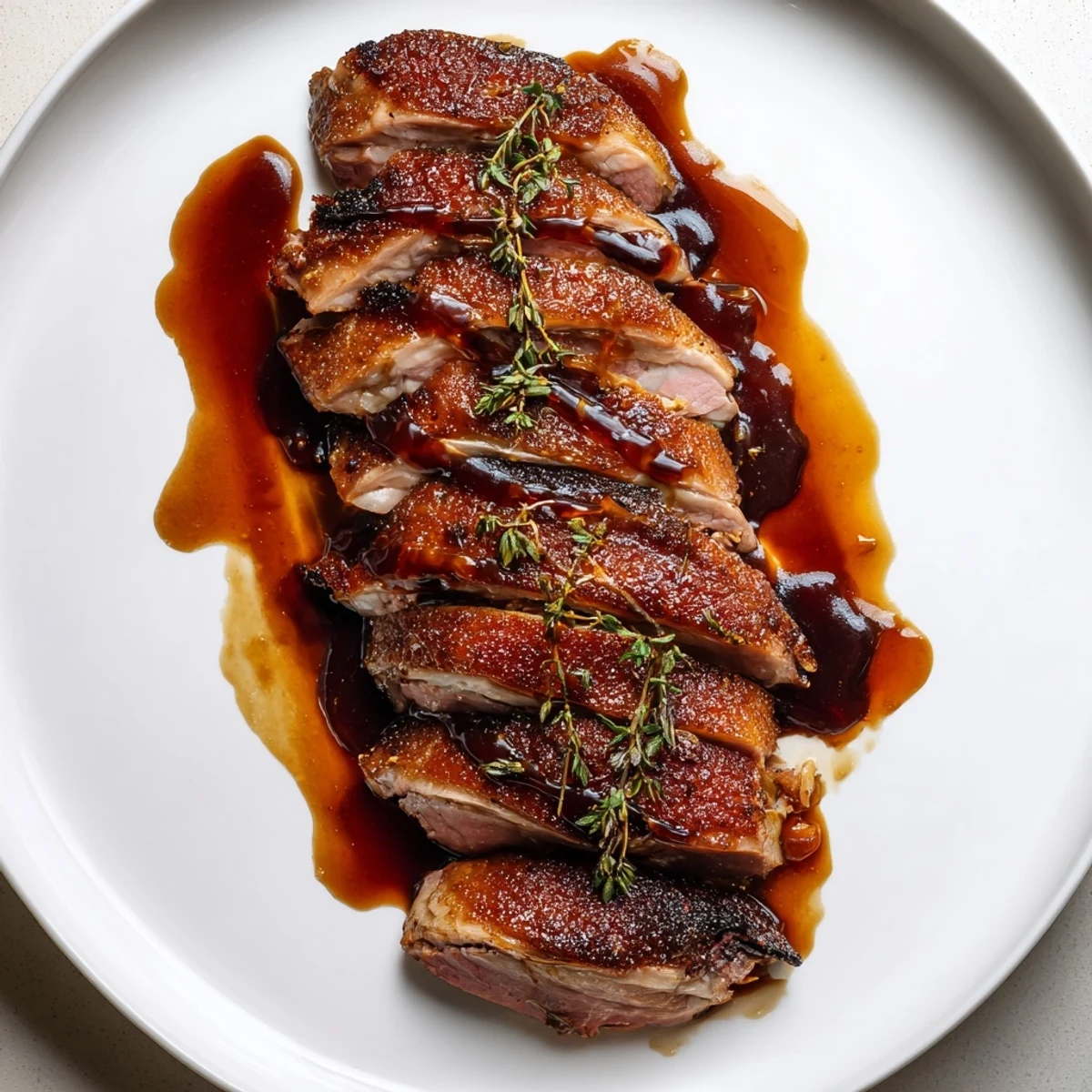 Crispy-skinned Pan Seared Duck Breast, glistening with rich pan sauce, ready to be sliced and served.