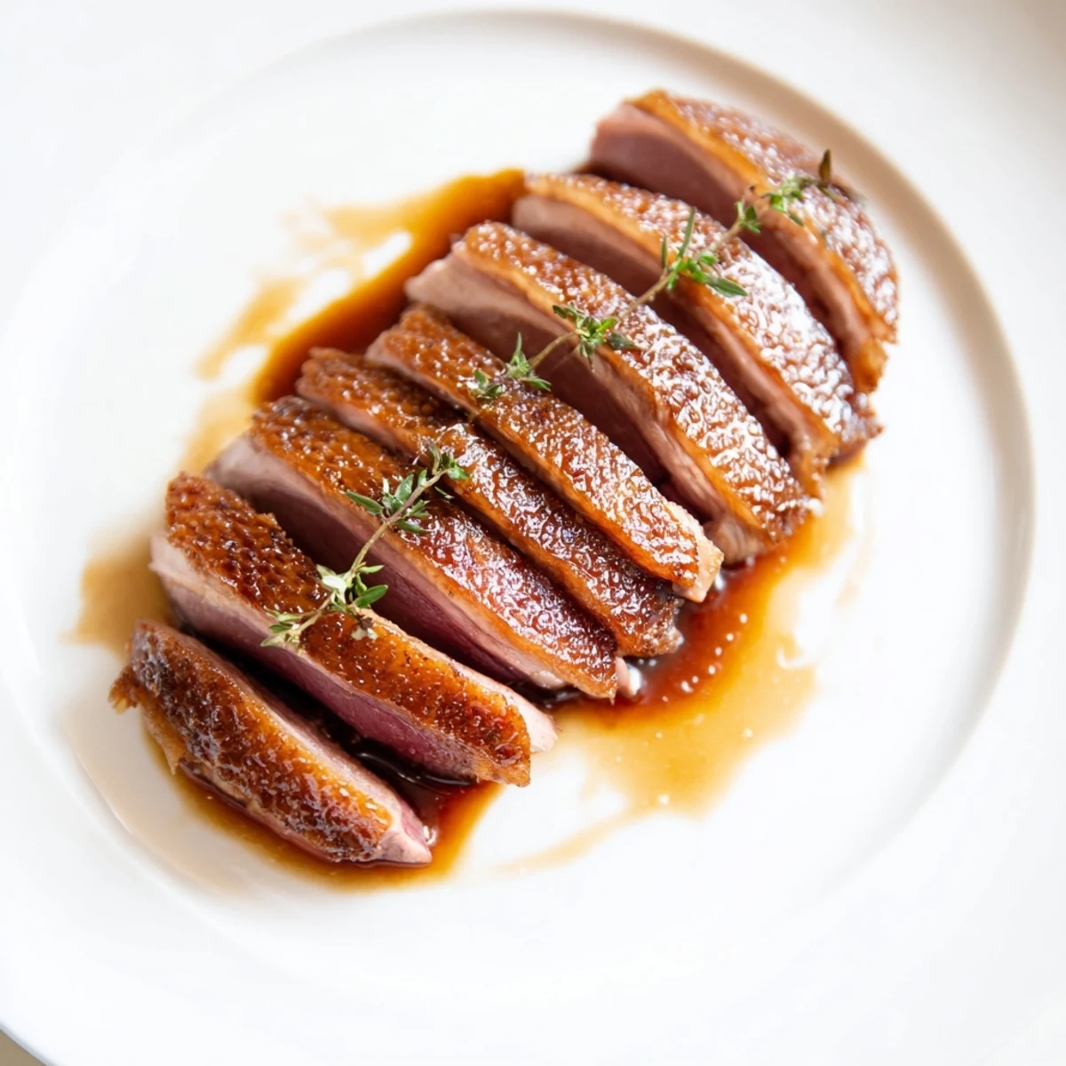 Perfectly cooked Pan Seared Duck Breast, with golden-brown skin, and herbs in its flavorful pan sauce.