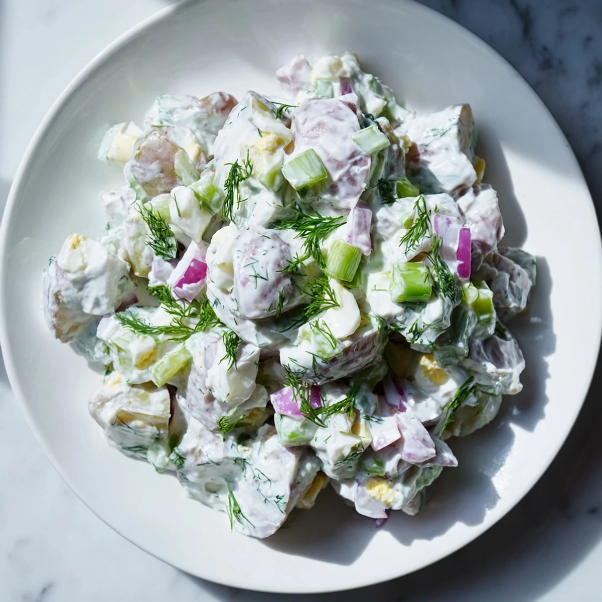 Creamy Potato Salad with fluffy potatoes, crisp veggies, and a creamy, tangy dressing, ready to enjoy.