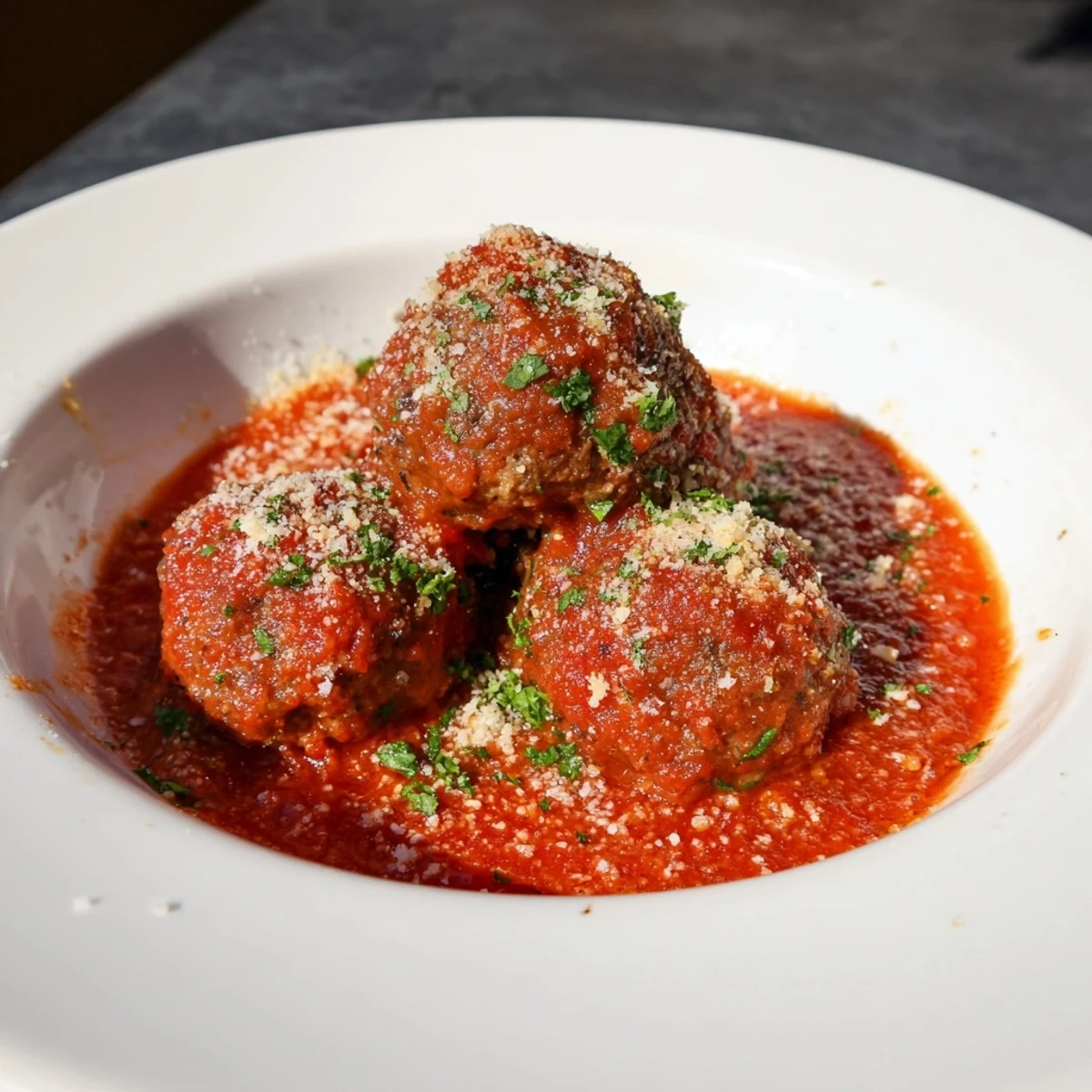 A close-up shot of seasoned beef meatballs, browned and ready for a classic Italian feast.