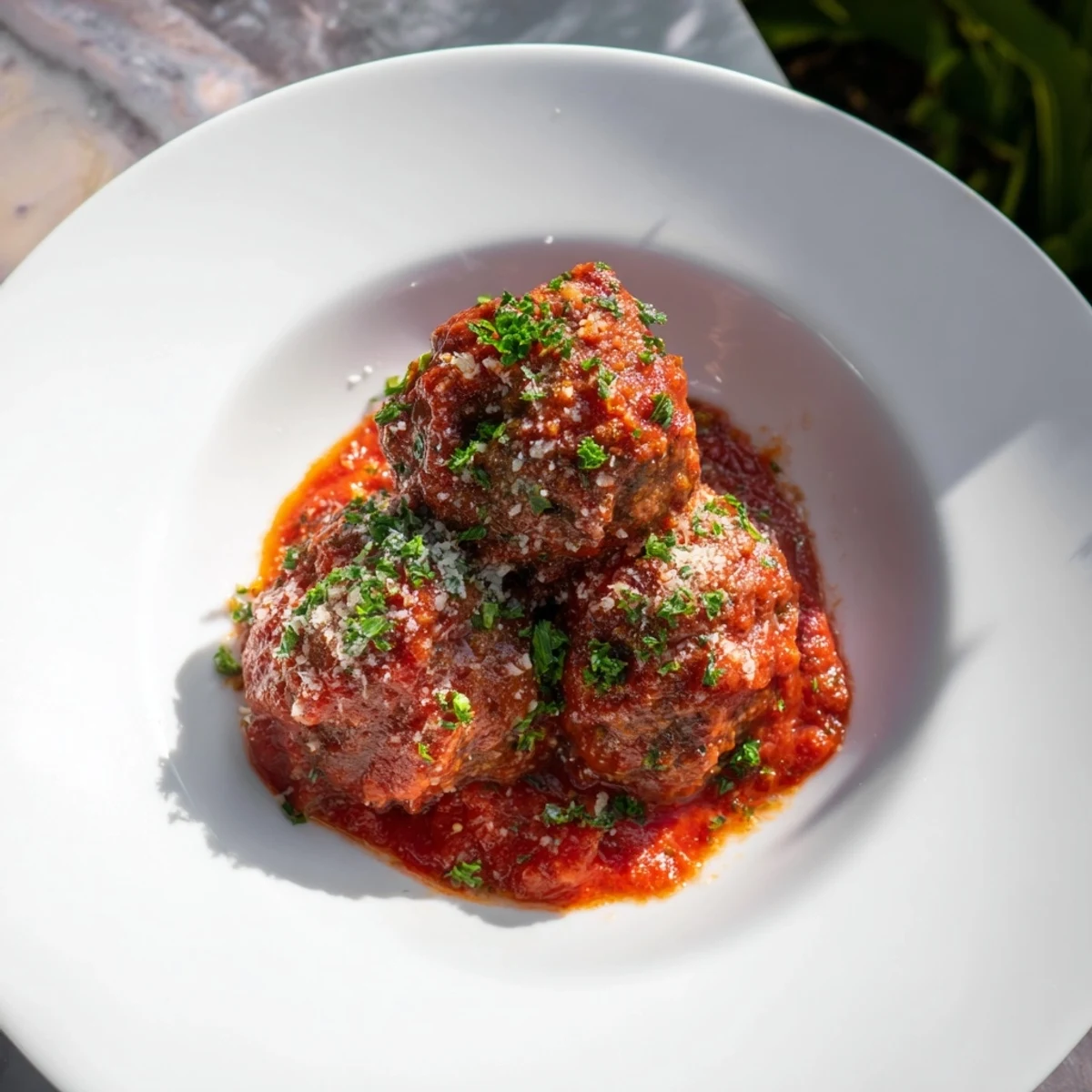 Appetizing beef meatballs, lightly crisped, served with a rich marinara sauce, full of flavor.
