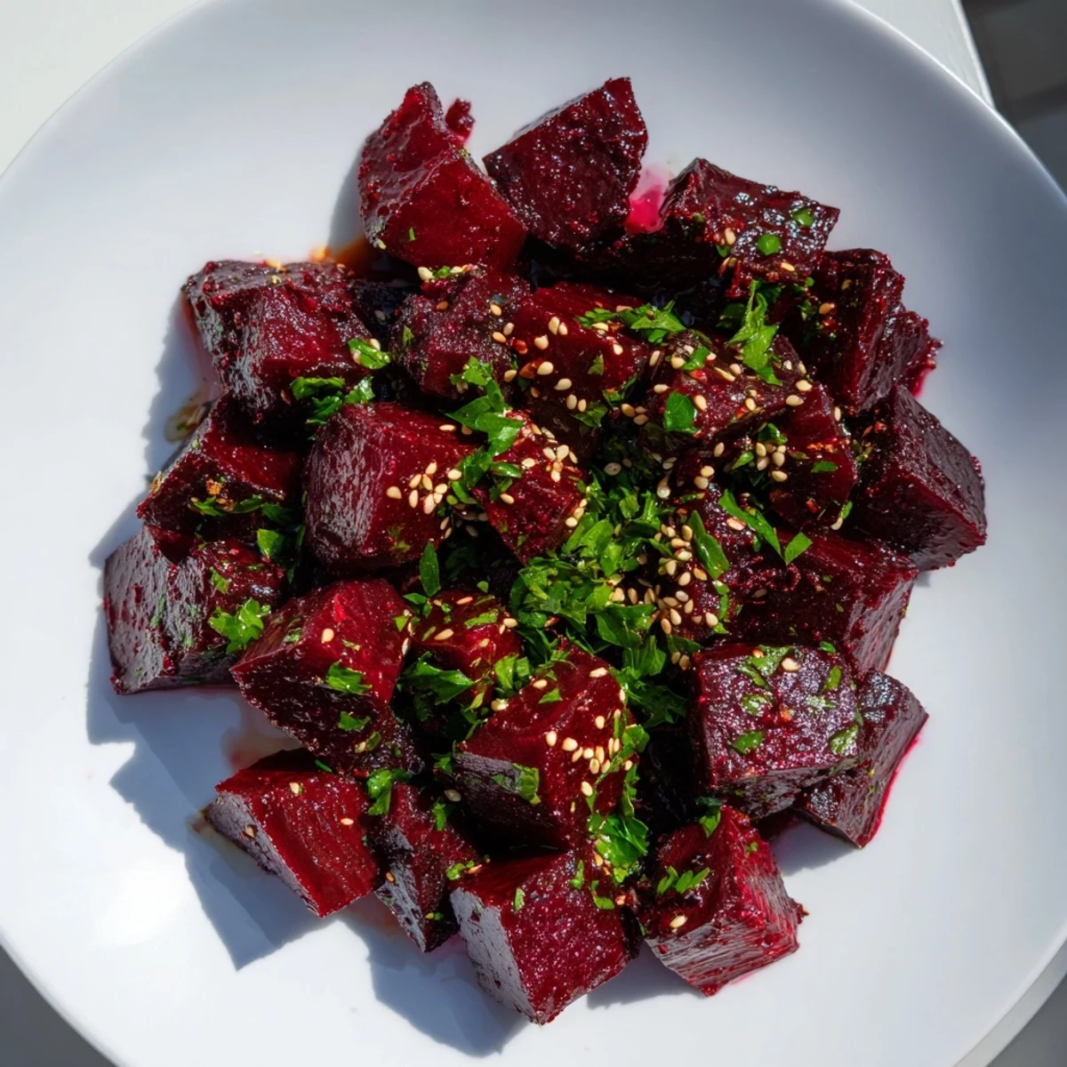 Vibrant image of freshly roasted beetroot cubes, tender and ready for a bright, healthy salad.