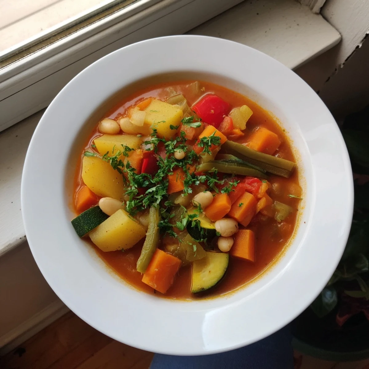 Steaming Vegetarian Stew with colorful vegetables, perfect for a cozy, flavorful dinner.