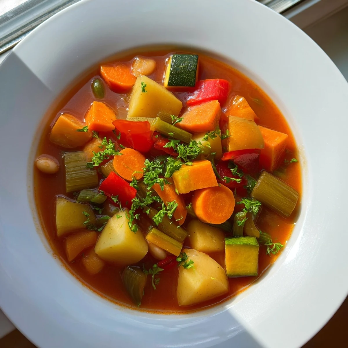 Close-up of a bubbling pot of Vegetarian Stew, fragrant and ready to be served.