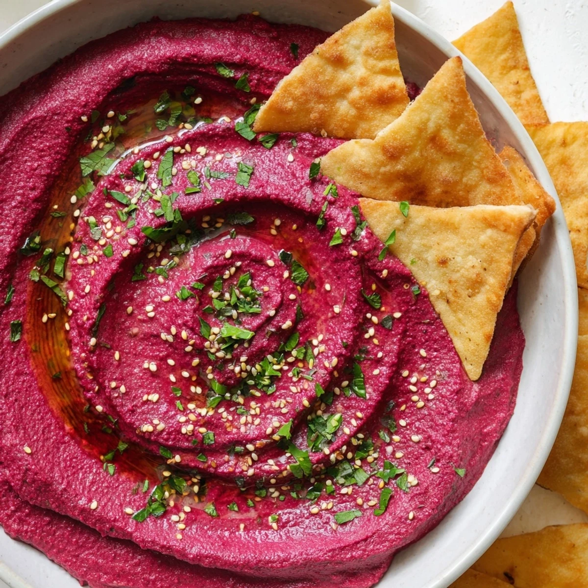Creamy homemade Roasted Beet Hummus surrounded by crispy, golden pita chips, ready to enjoy.