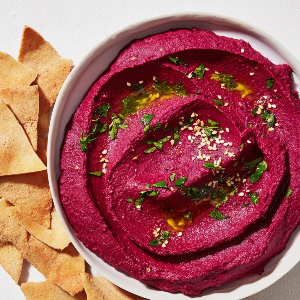 A close-up of vibrant Roasted Beet Hummus, swirled, topped with parsley and sesame seeds.