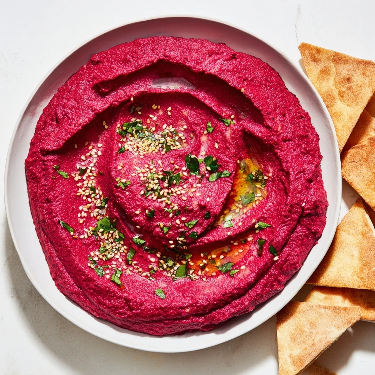 Bright pink Roasted Beet Hummus, a perfect appetizer, served with toasted pita chips for dipping.