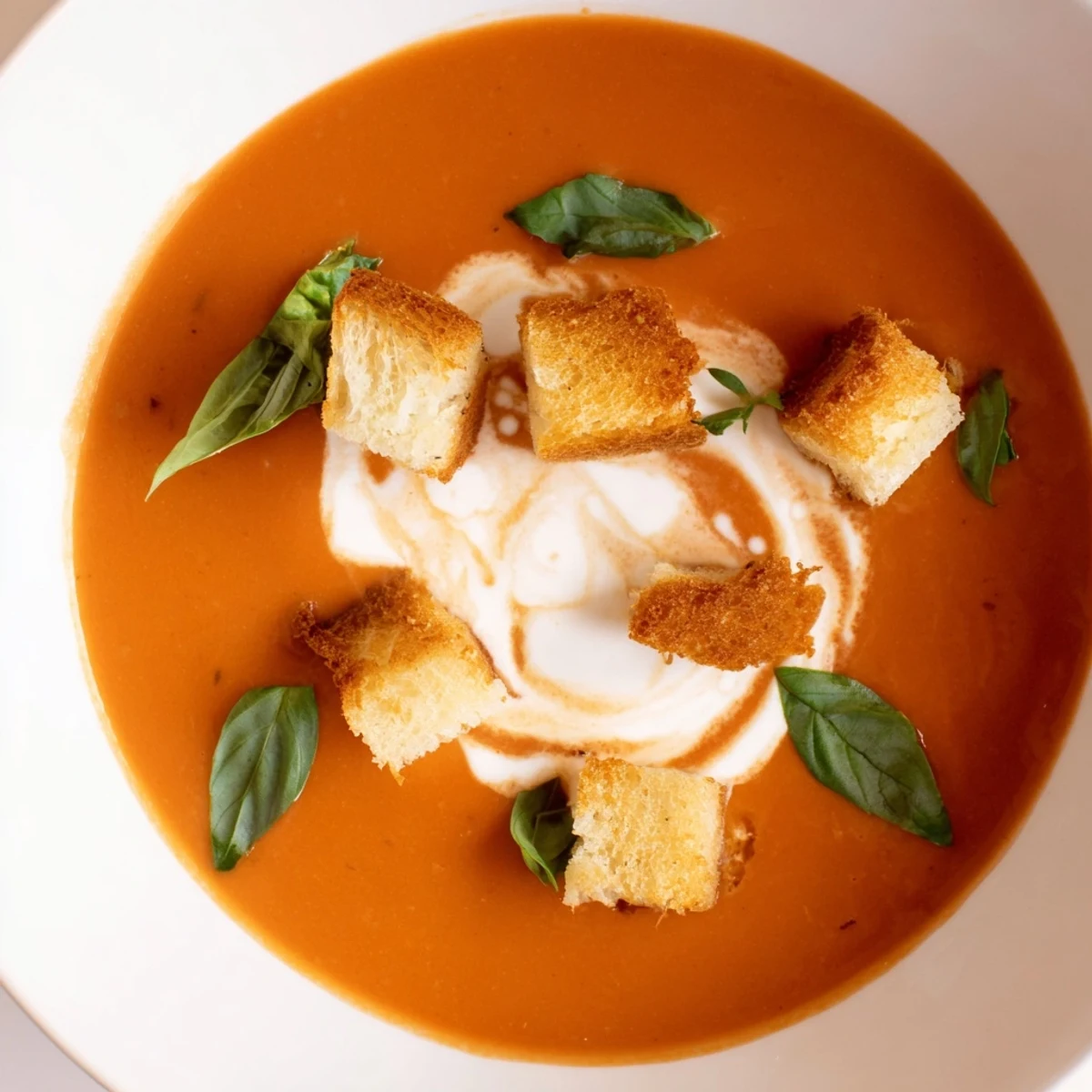 Creamy Tomato Basil Bisque, garnished with vibrant green basil and crispy, golden croutons, ready to eat.