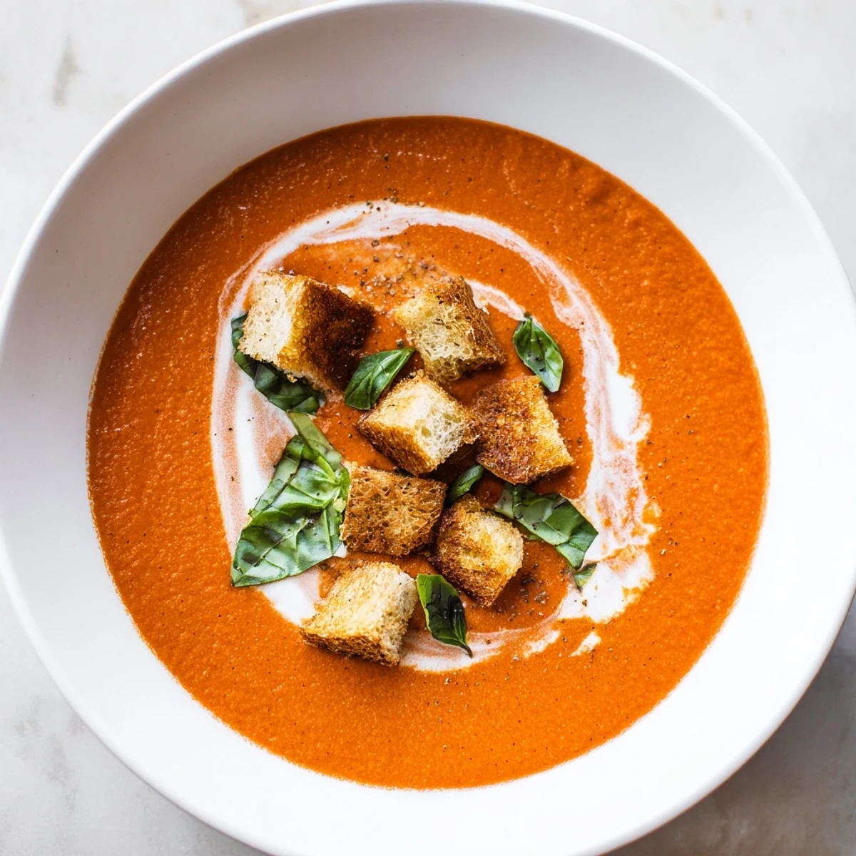 A steaming bowl of Creamy Tomato Basil Bisque, with croutons floating on top, perfect for a cozy afternoon.