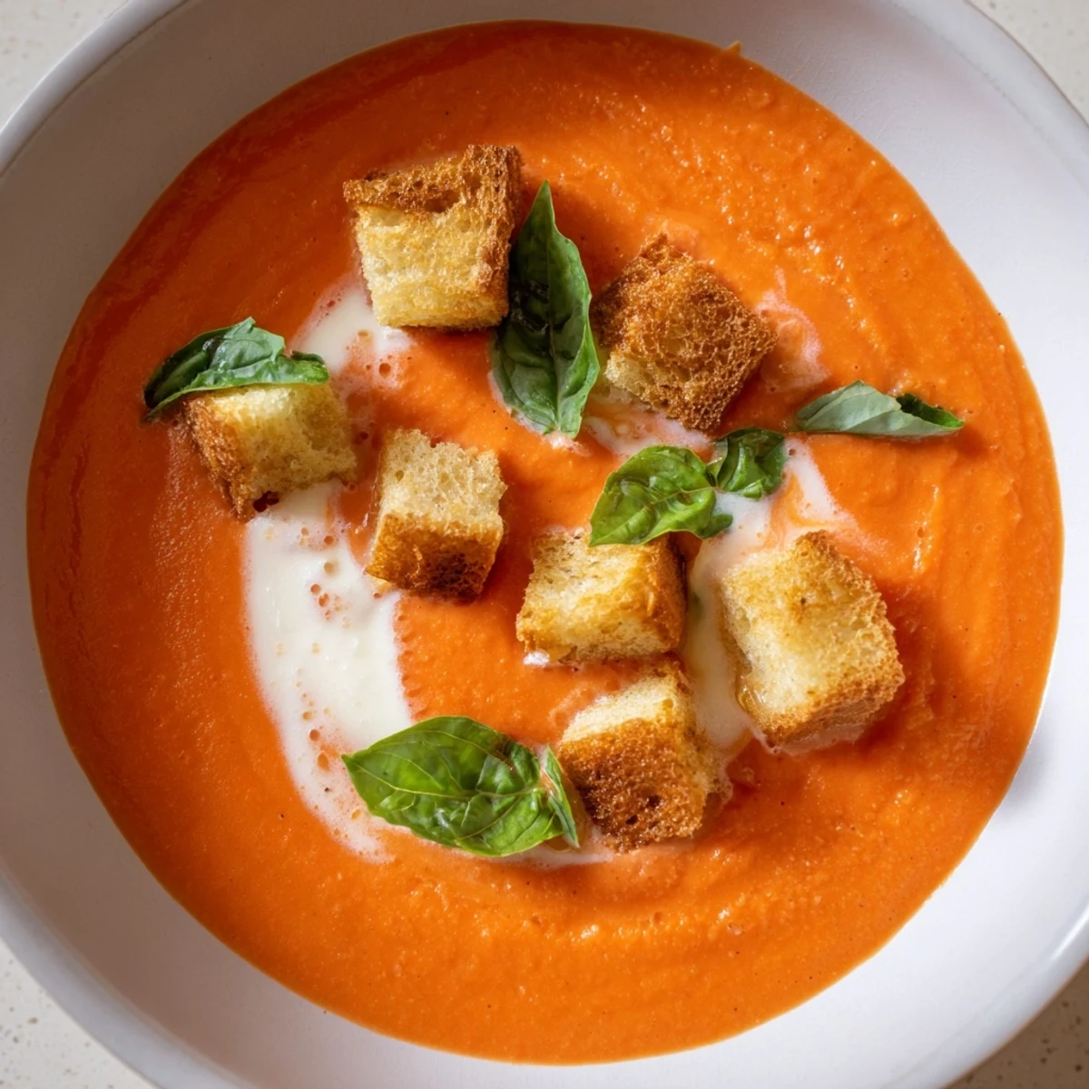Close-up of a luscious, smooth Creamy Tomato Basil Bisque with a swirl of cream and crunchy croutons.