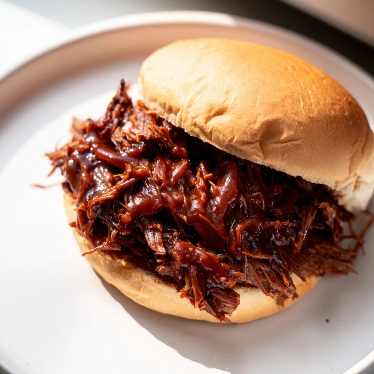 Juicy Slow Cooker Pulled Beef Sandwiches with tangy barbecue sauce glistening on top, ready to serve.